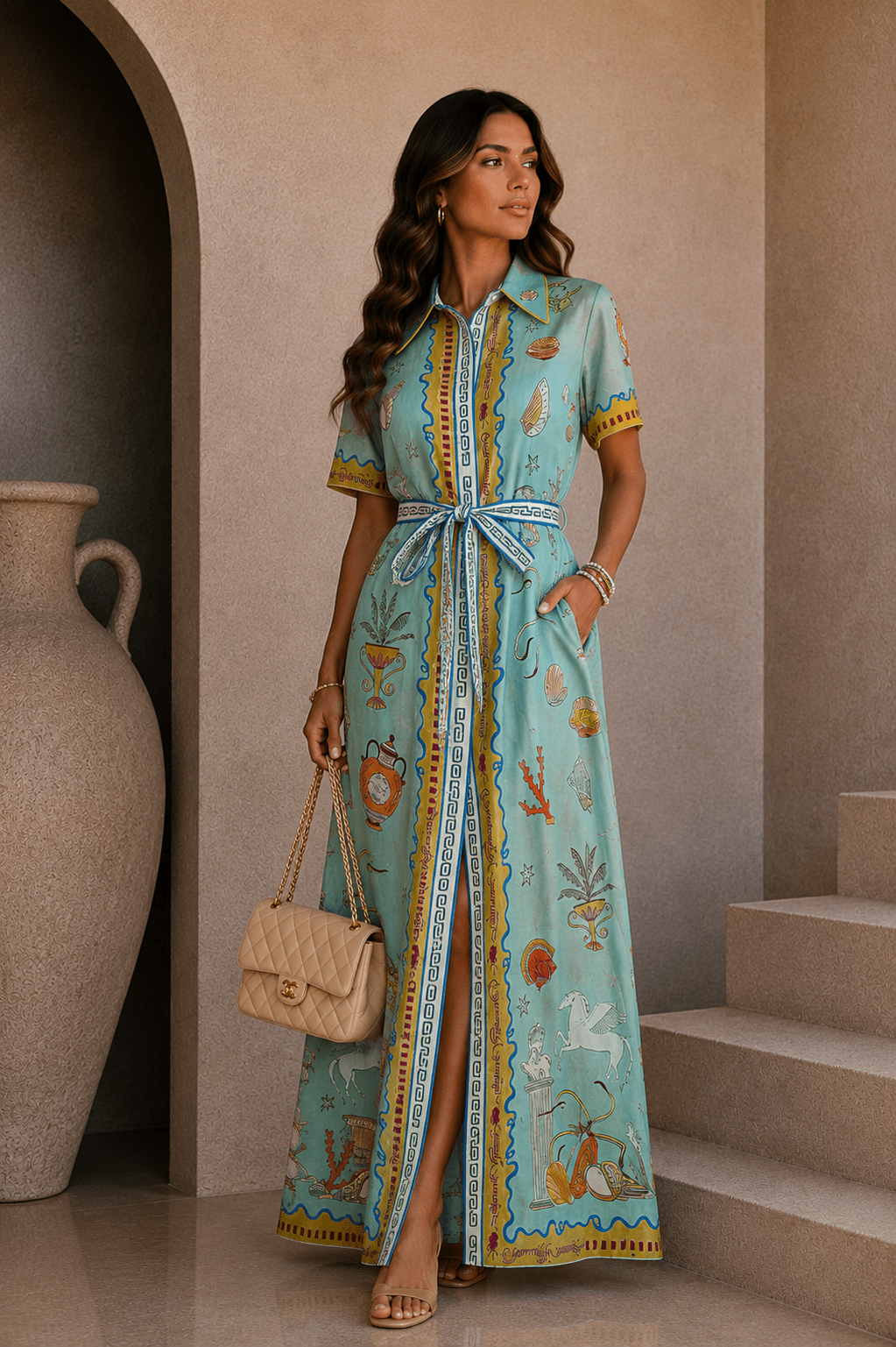 Greek Print Belted Maxi Dress - STYLED BY ALX COUTUREDresses