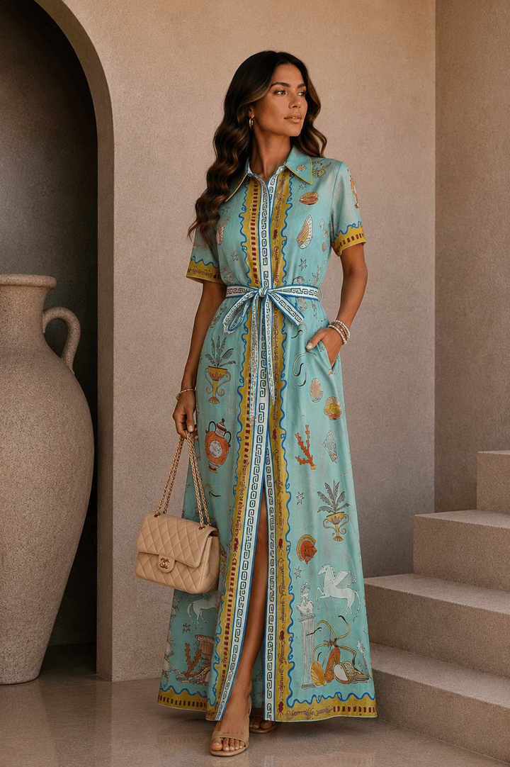 Greek Print Belted Maxi Dress - STYLED BY ALX COUTUREDresses