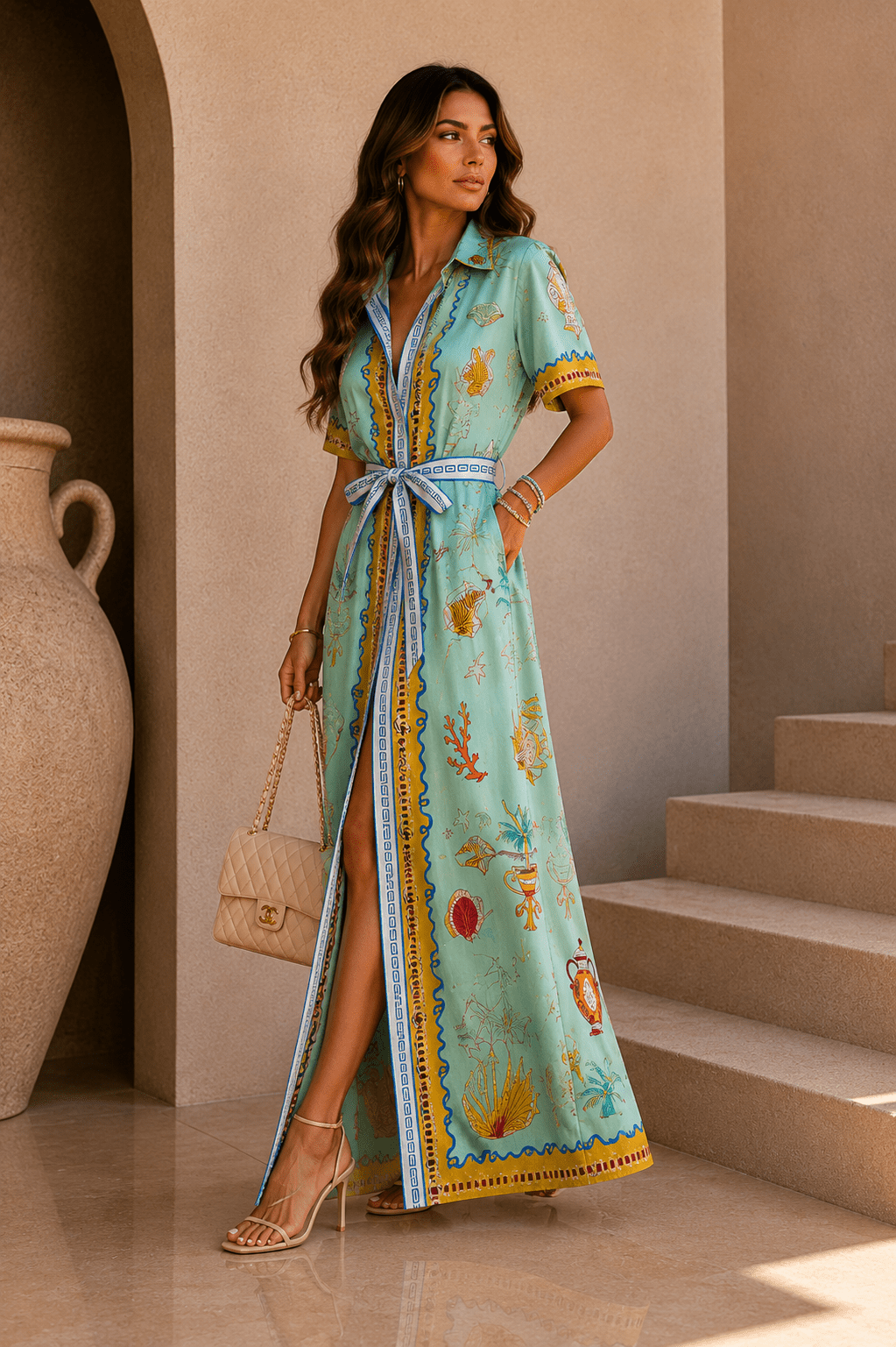 Greek Print Belted Maxi Dress - STYLED BY ALX COUTUREDresses