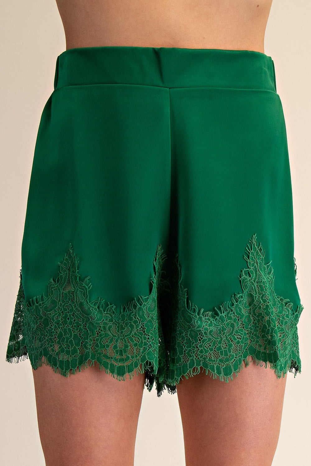 Green Satin Lace Trim Shorts - STYLED BY ALX COUTUREShorts