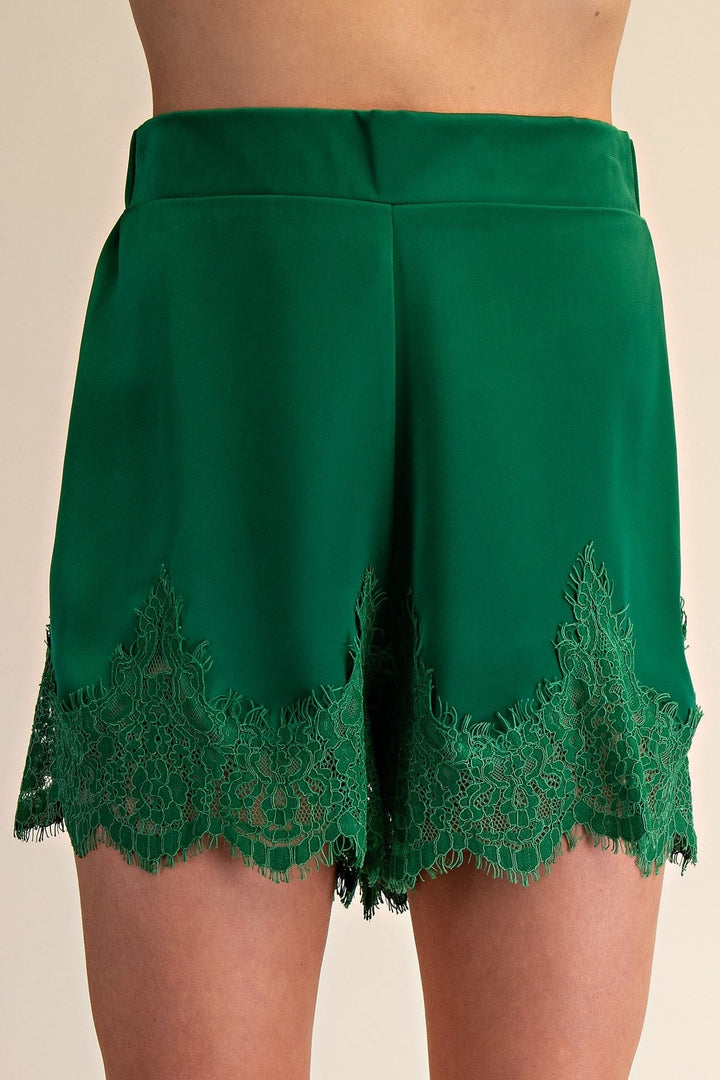 Green Satin Lace Trim Shorts - STYLED BY ALX COUTUREShorts