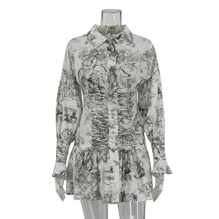 Green & White Ink Painting Retro Short Dress - STYLED BY ALX COUTUREDresses