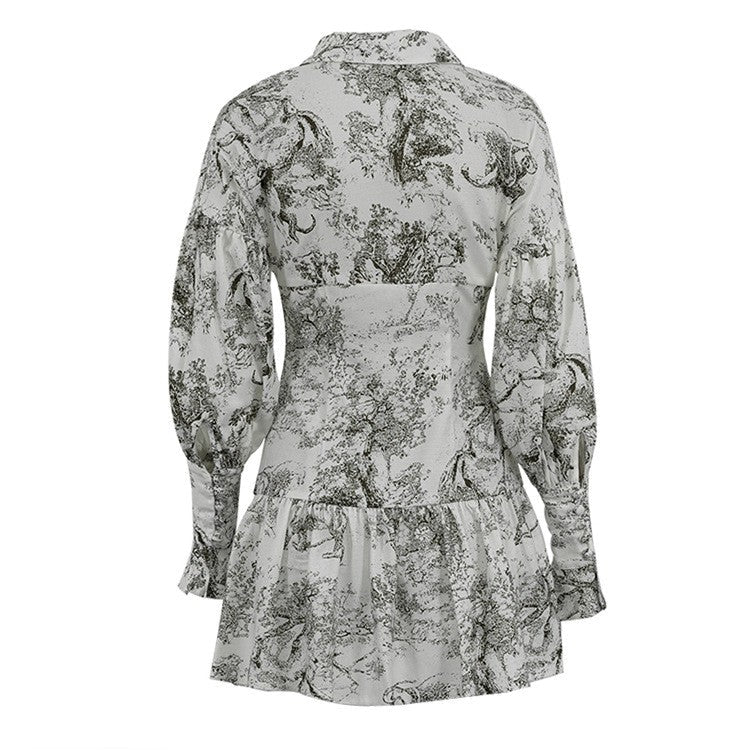 Green & White Ink Painting Retro Short Dress - STYLED BY ALX COUTUREDresses