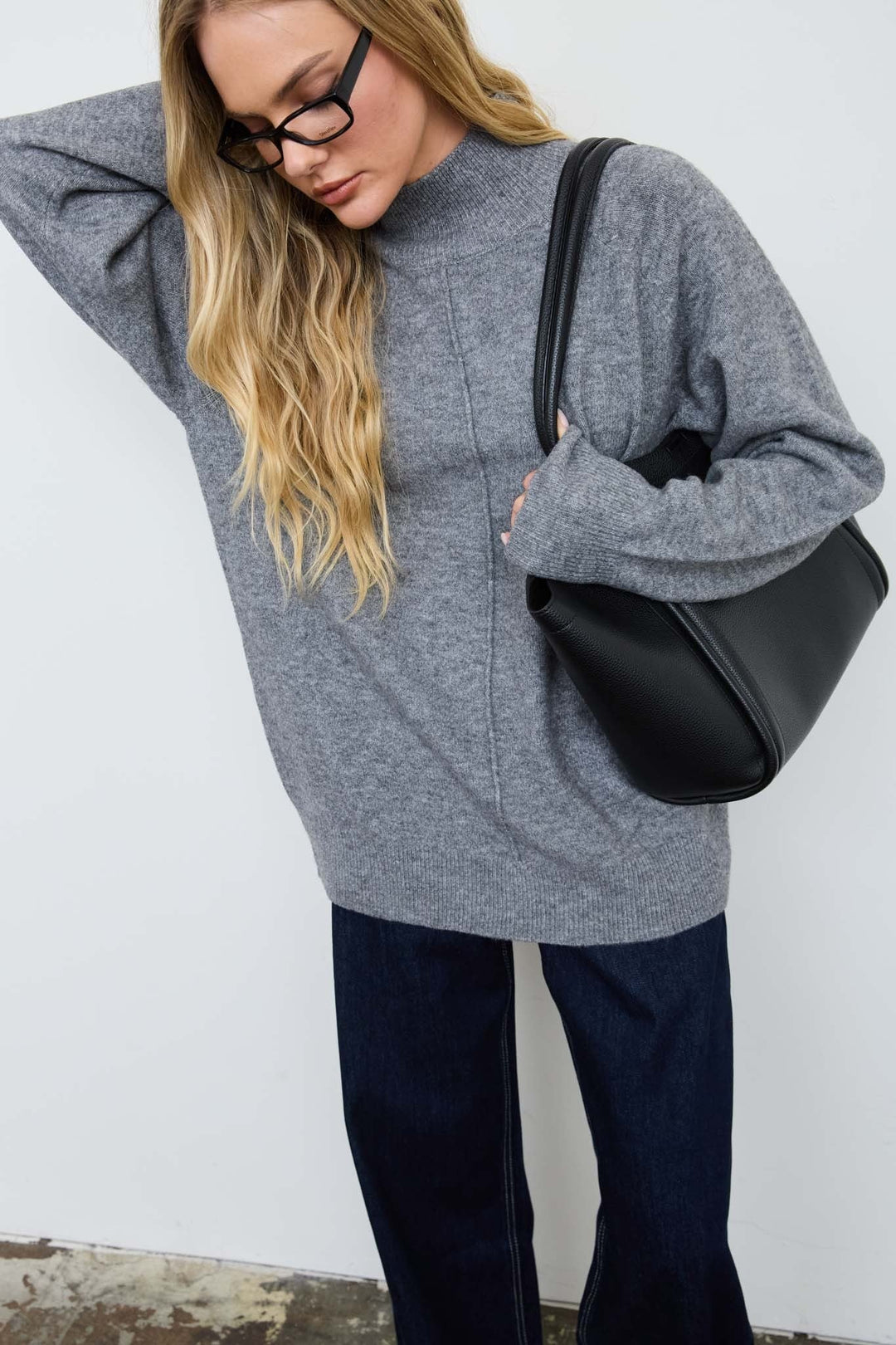 Grey Center Seam Mock Neck Relaxed Pullover Sweater - STYLED BY ALX COUTURESweaters