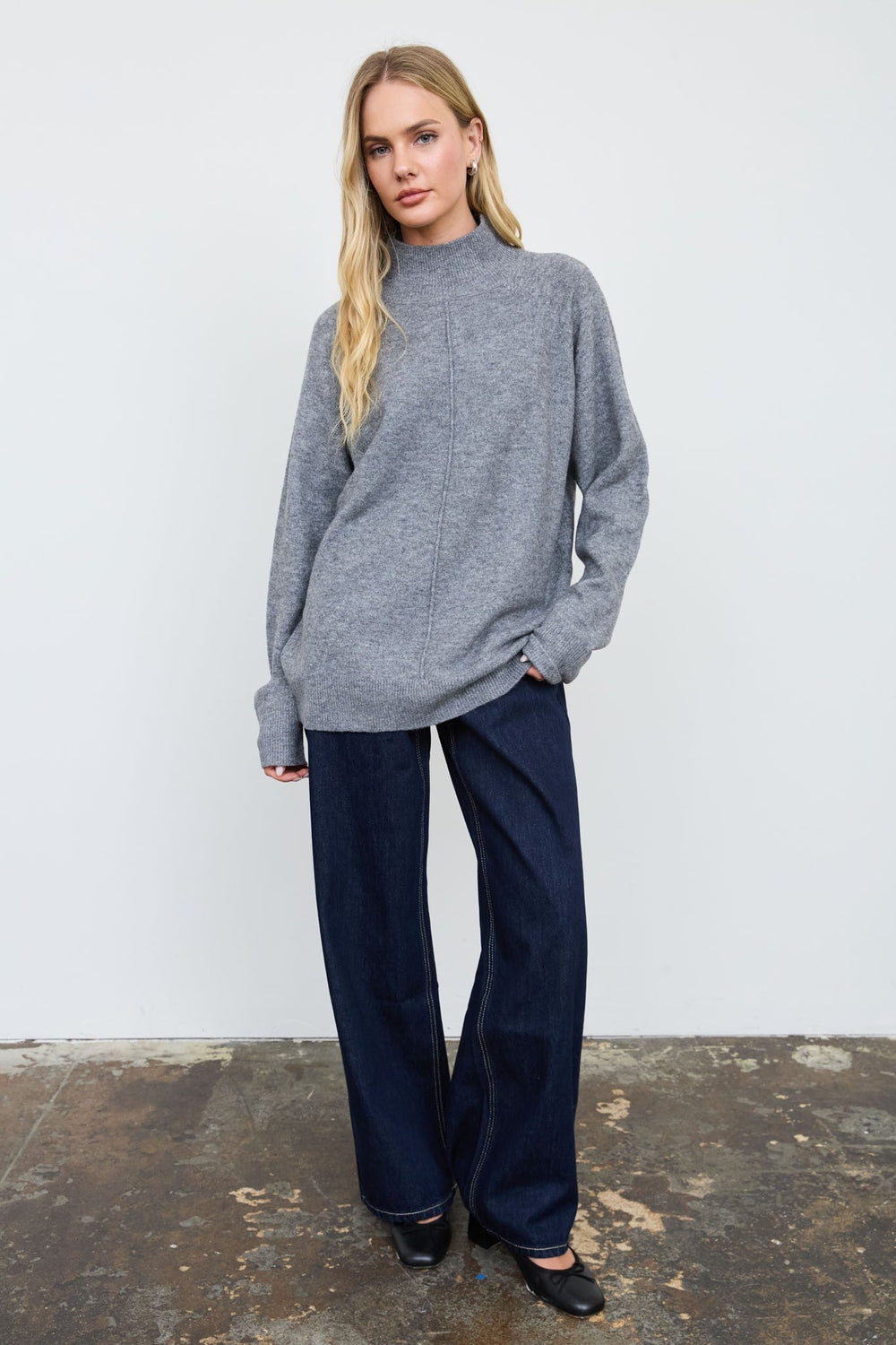 Grey Center Seam Mock Neck Relaxed Pullover Sweater - STYLED BY ALX COUTURESweaters