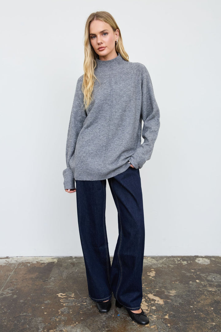 Grey Center Seam Mock Neck Relaxed Pullover Sweater - STYLED BY ALX COUTURESweaters