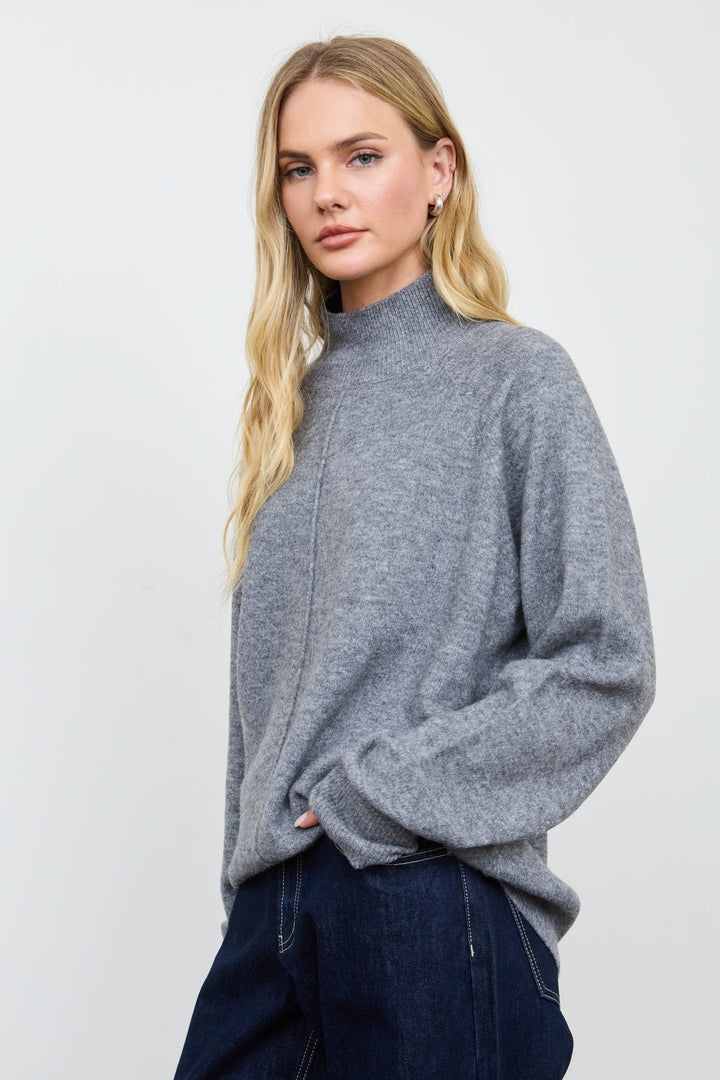 Grey Center Seam Mock Neck Relaxed Pullover Sweater - STYLED BY ALX COUTURESweaters