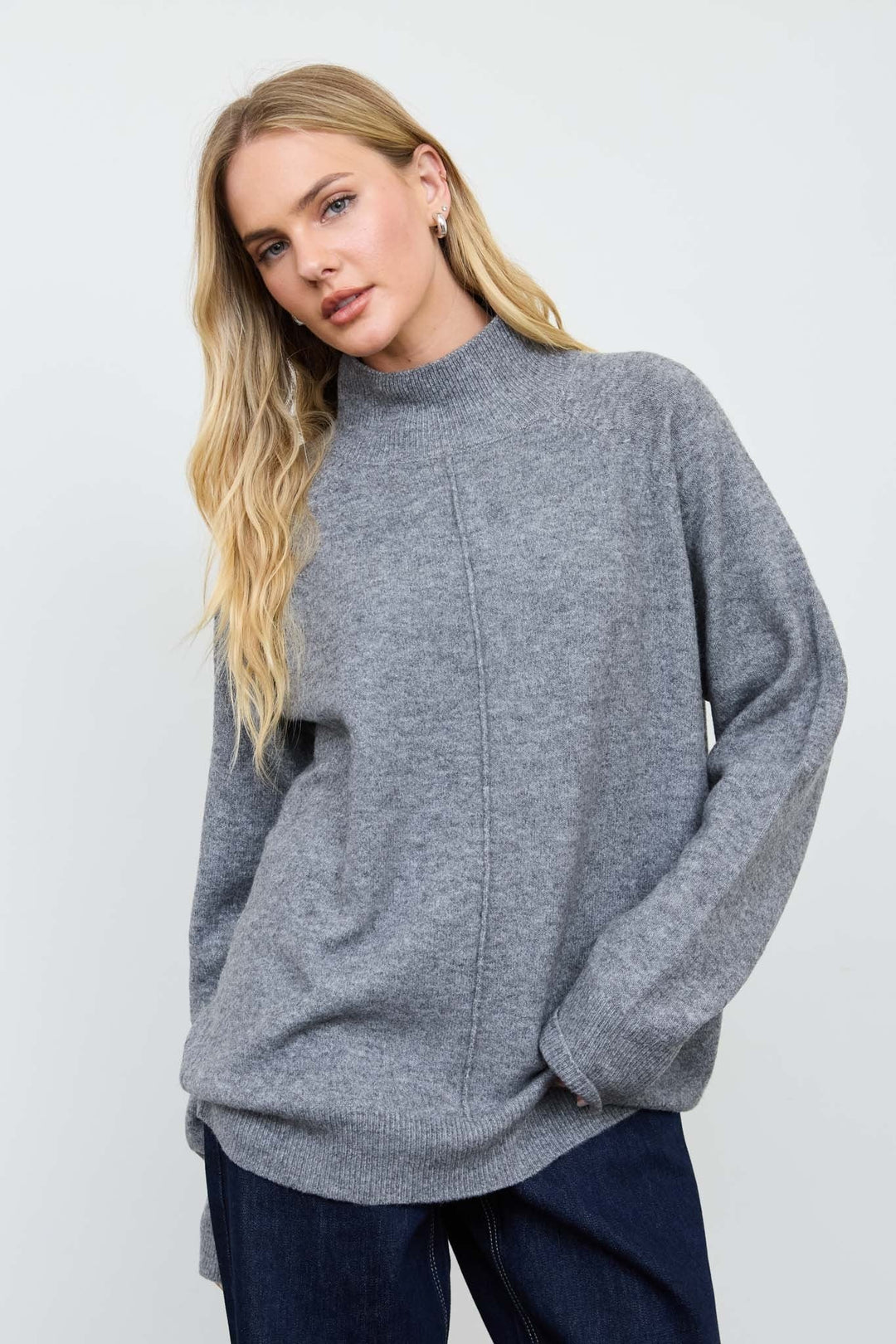 Grey Center Seam Mock Neck Relaxed Pullover Sweater - STYLED BY ALX COUTURESweaters