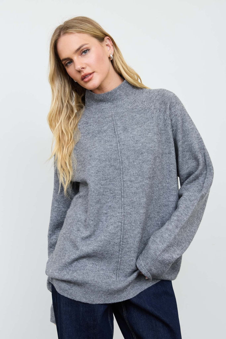 Grey Center Seam Mock Neck Relaxed Pullover Sweater - STYLED BY ALX COUTURESweaters