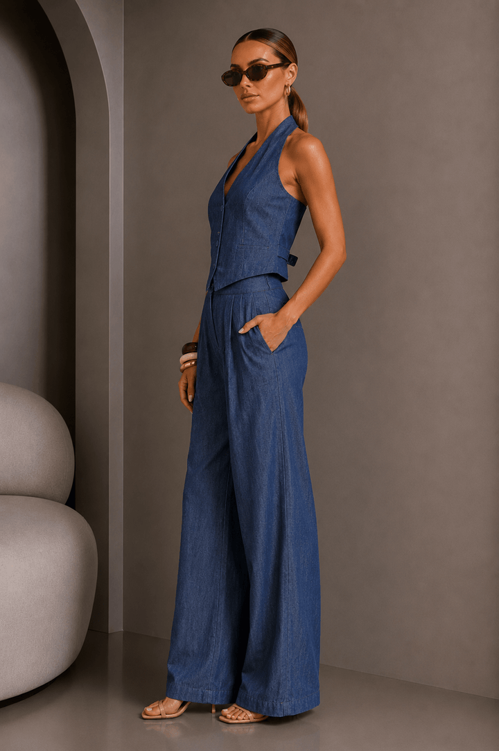 Halter Denim Vest Denim Long Pants Set - STYLED BY ALX COUTUREOutfit Sets