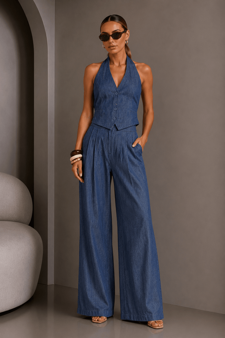 Halter Denim Vest Denim Long Pants Set - STYLED BY ALX COUTUREOutfit Sets