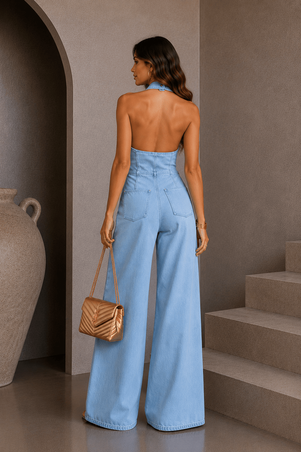 Halter Wide Leg Denim Jumpsuit - STYLED BY ALX COUTUREJumpsuits & Rompers