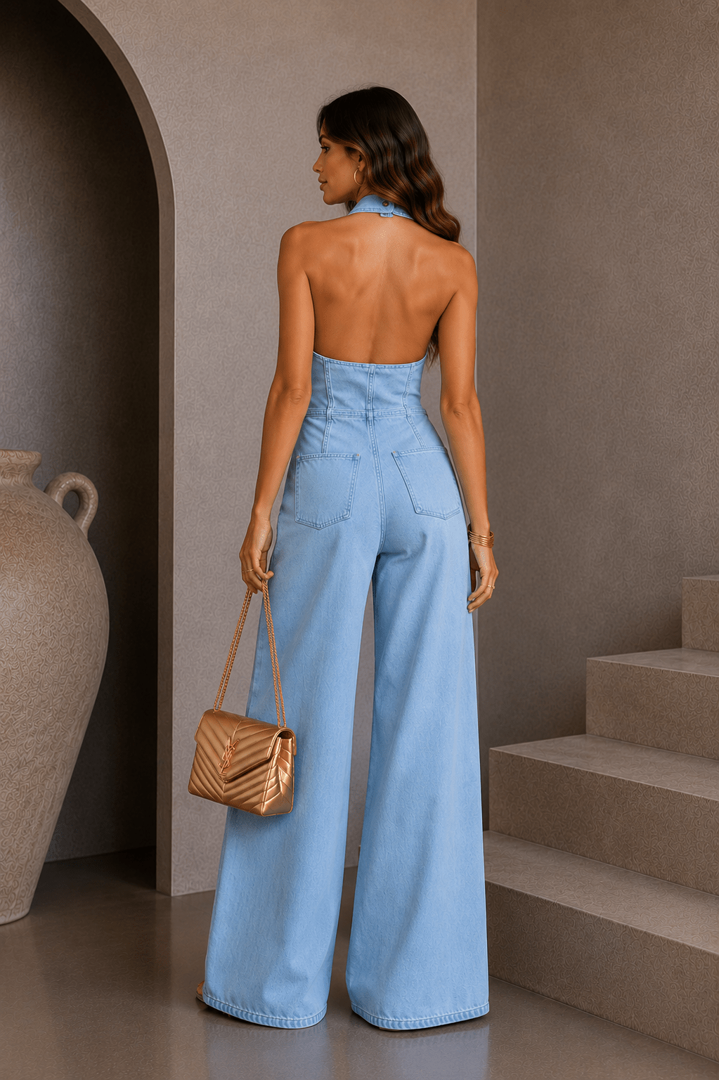 Halter Wide Leg Denim Jumpsuit - STYLED BY ALX COUTUREJumpsuits & Rompers