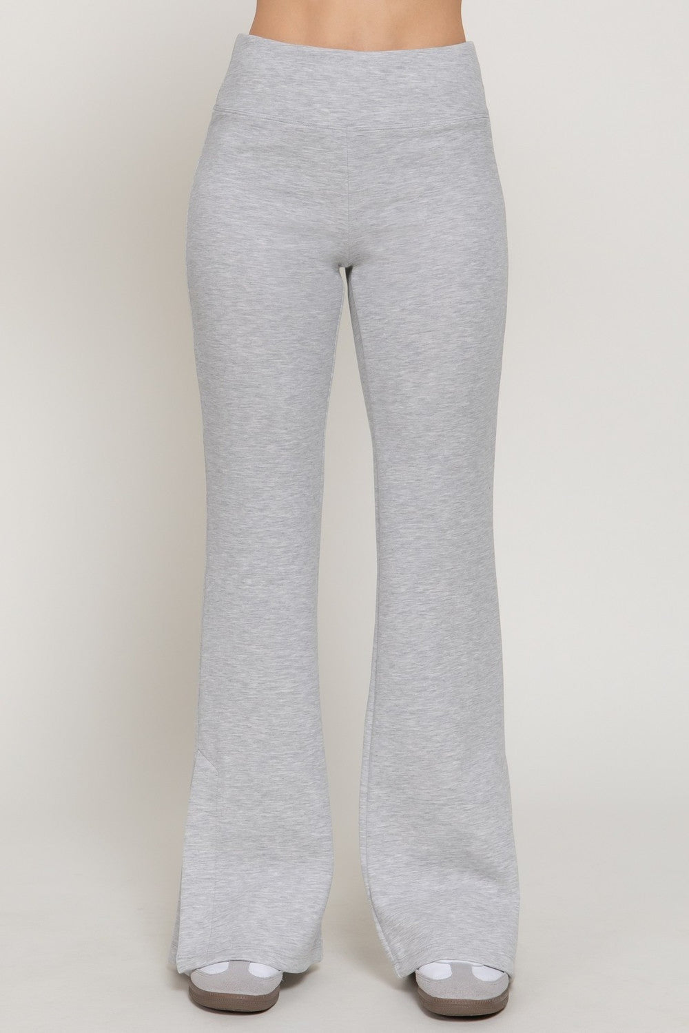 Heather grey scuba flare pants, three-quarter view