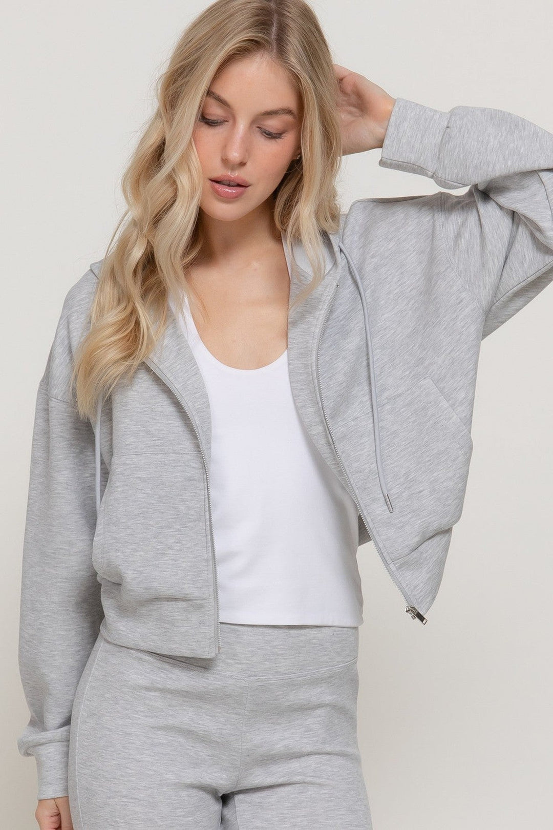 Heather Grey Long Sleeve Soft Scuba Hoodie Jacket - STYLED BY ALX COUTURETops