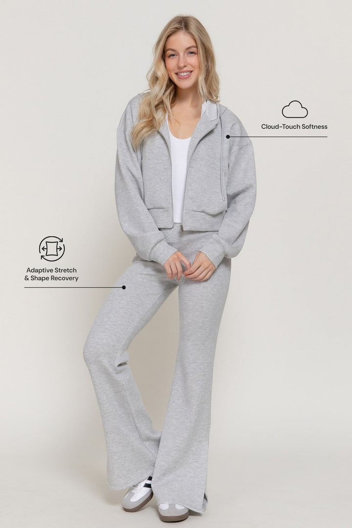 Heather grey hoodie jacket worn as a set with the grey flare pants