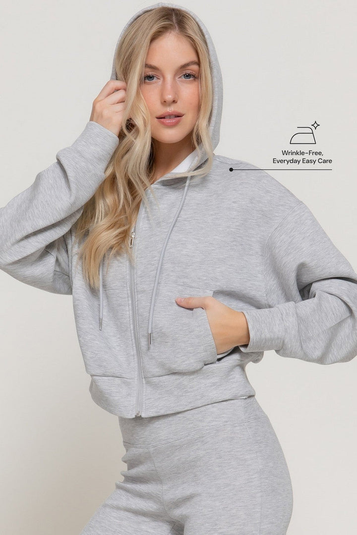 Heather Grey Long Sleeve Soft Scuba Hoodie Jacket - STYLED BY ALX COUTURETops