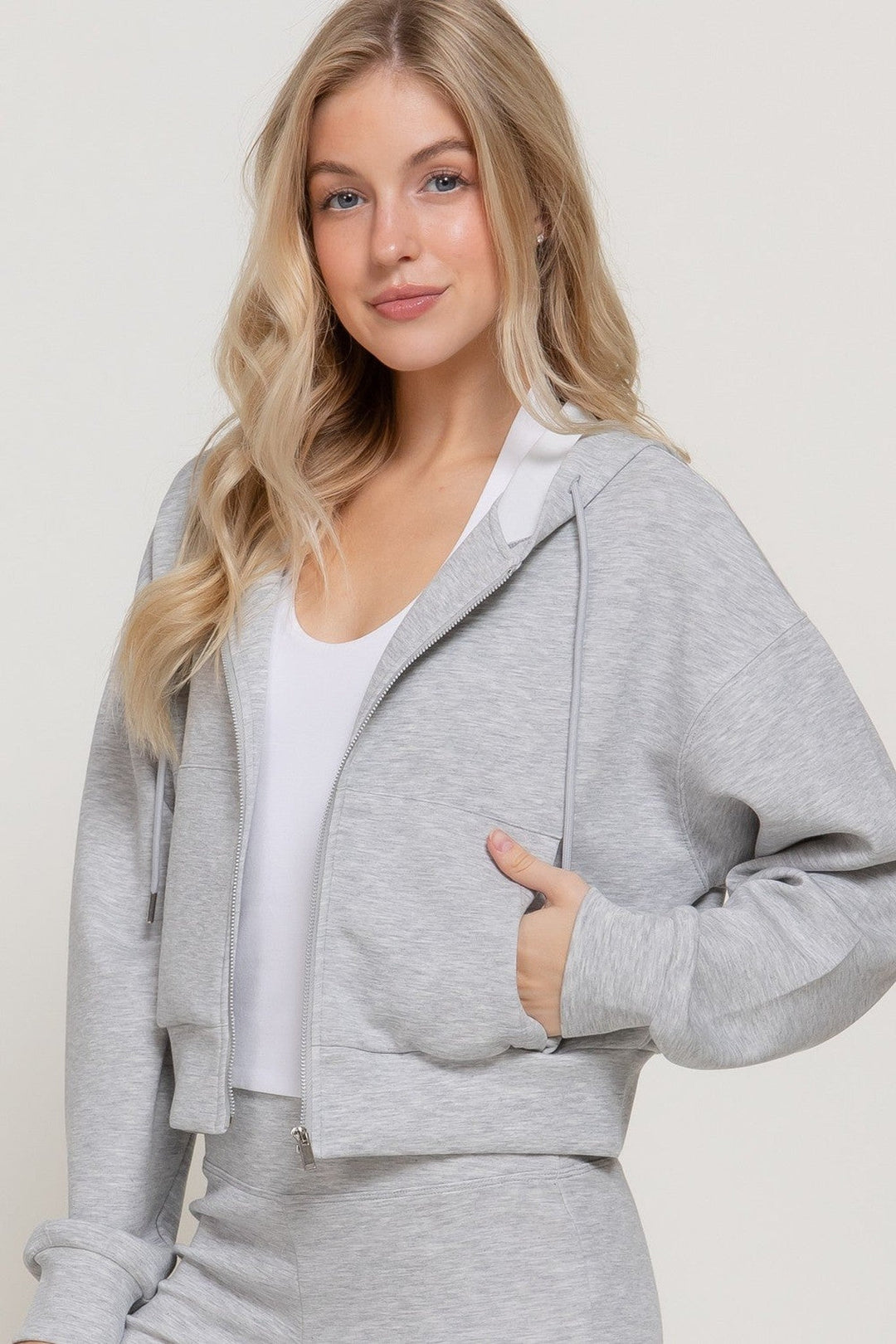 Heather Grey Long Sleeve Soft Scuba Hoodie Jacket - STYLED BY ALX COUTURETops