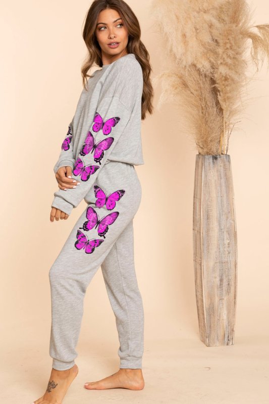 Heather grey sweatshirt with a pink butterfly print from STYLED BY ALX COUTURE