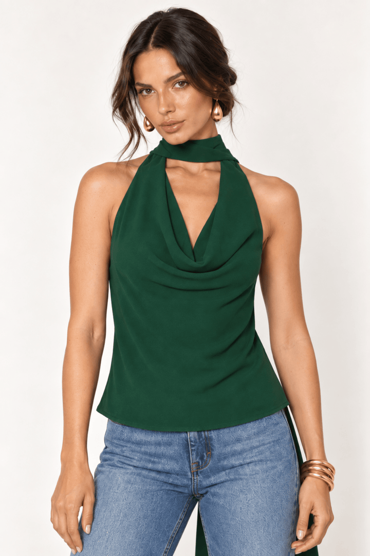 Hunter Green Cowl Neck Scarf Top - STYLED BY ALX COUTUREShirts &amp; Tops