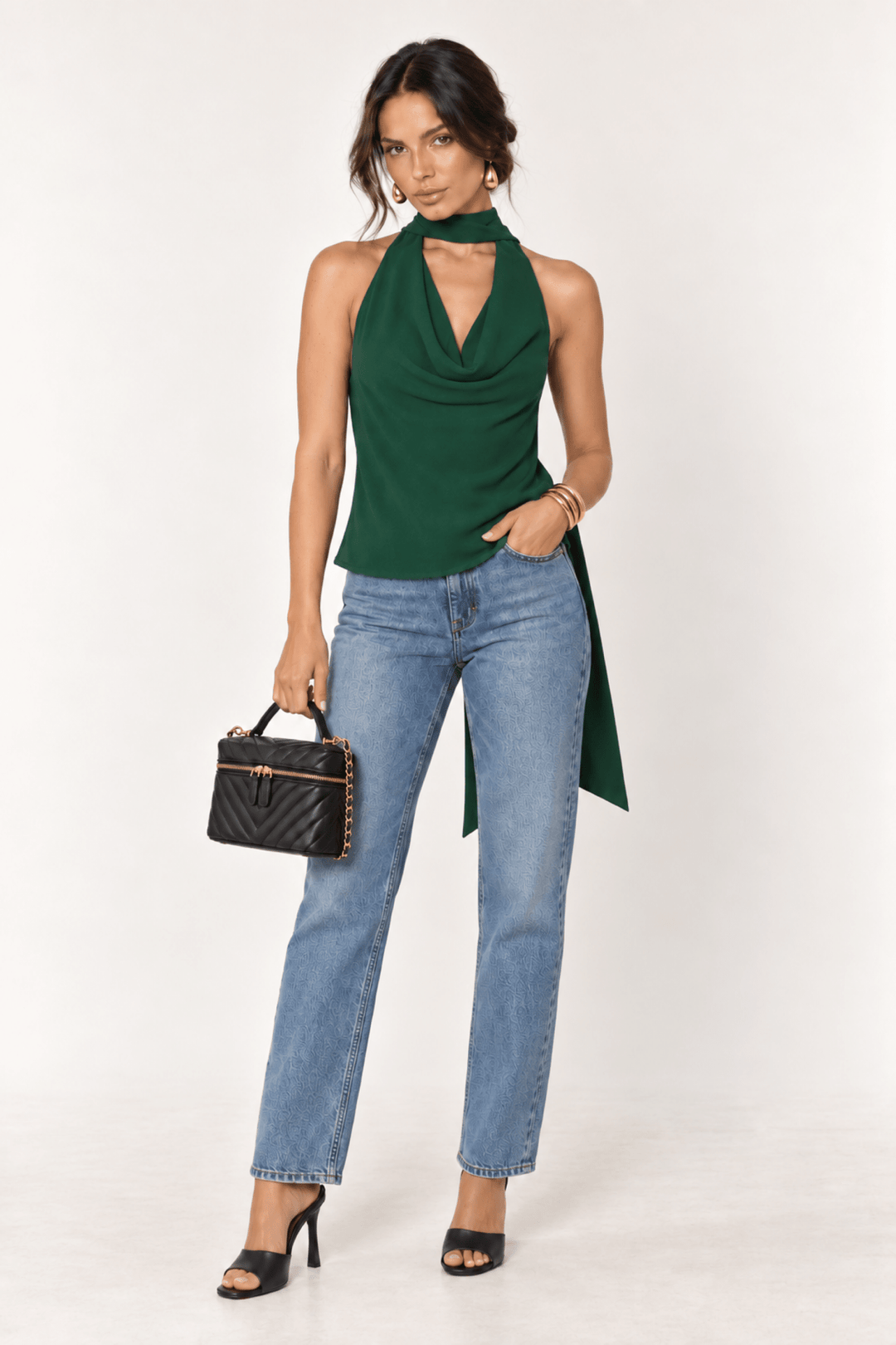 Hunter Green Cowl Neck Scarf Top - STYLED BY ALX COUTUREShirts &amp; Tops