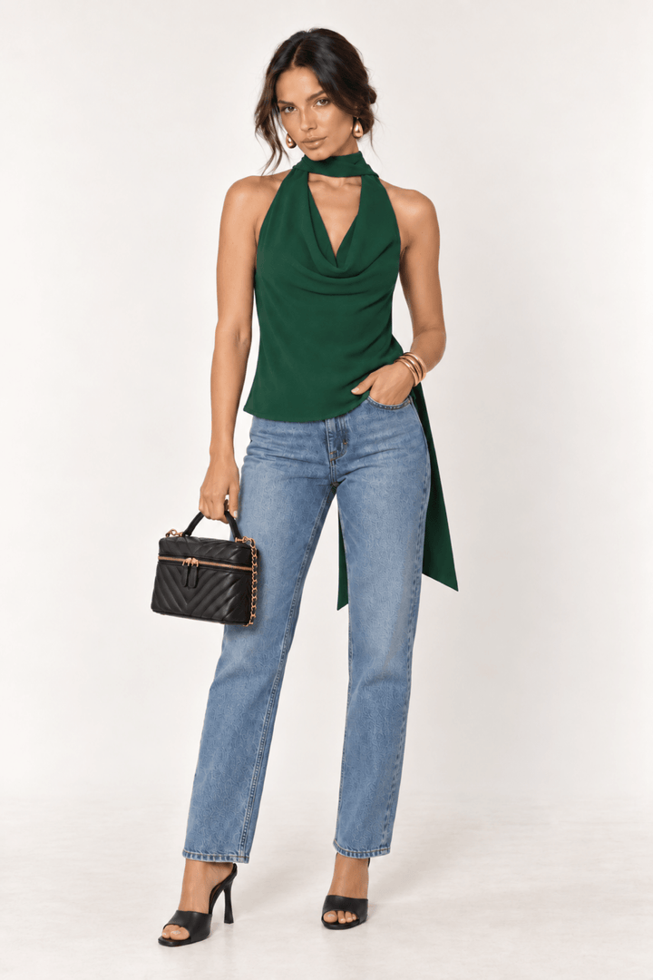Hunter Green Cowl Neck Scarf Top - STYLED BY ALX COUTUREShirts &amp; Tops