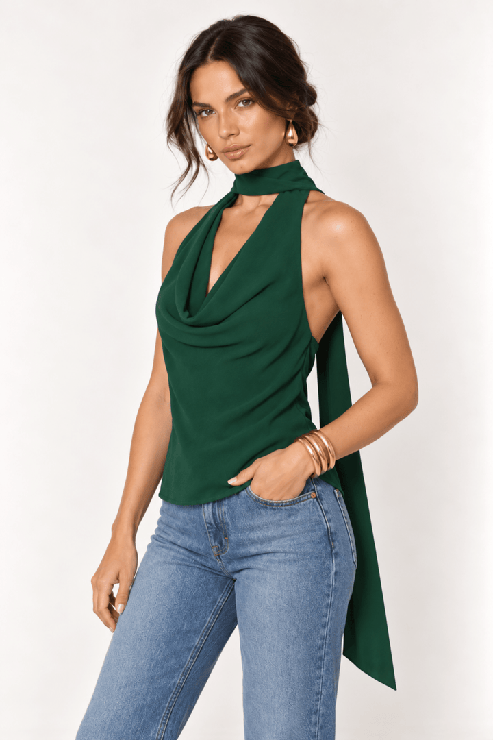 Hunter Green Cowl Neck Scarf Top - STYLED BY ALX COUTUREShirts &amp; Tops