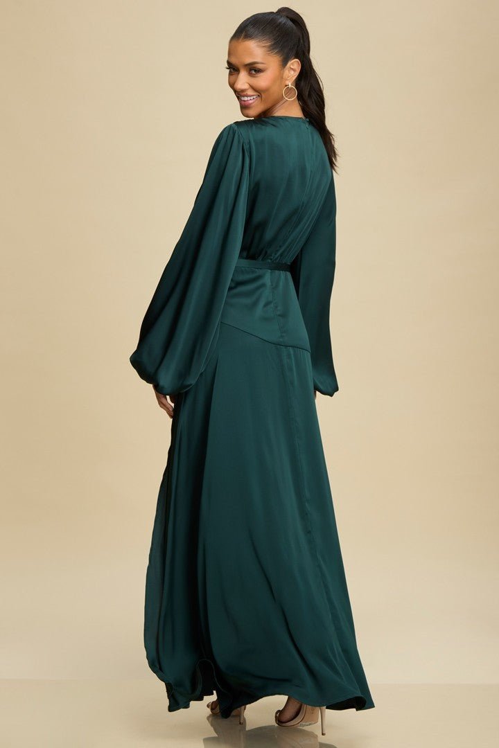 Hunter Green Long Sleeve Satin Maxi Gown - STYLED BY ALX COUTUREDresses