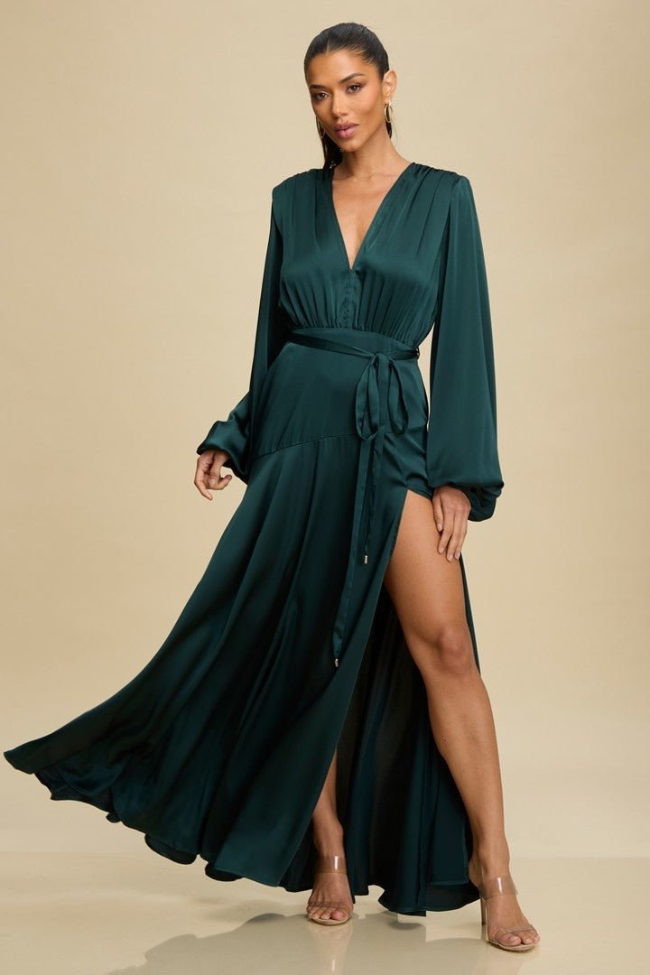 Hunter Green Long Sleeve Satin Maxi Gown - STYLED BY ALX COUTUREDresses