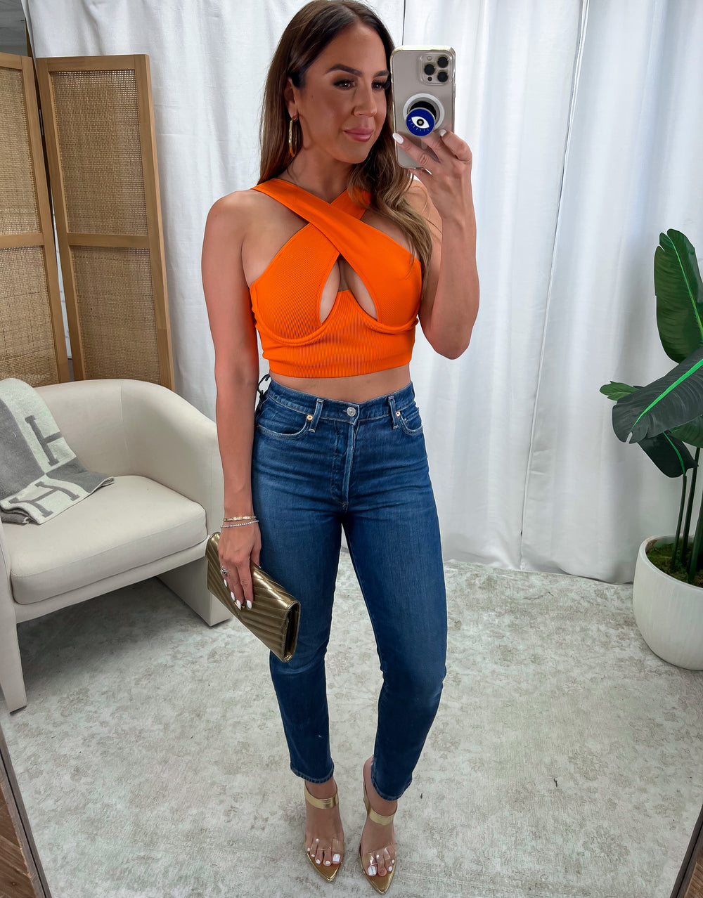 STYLED BY ALX COUTURE MIAMI BOUTIQUE Orange Wired Cross Front Crop Tank
