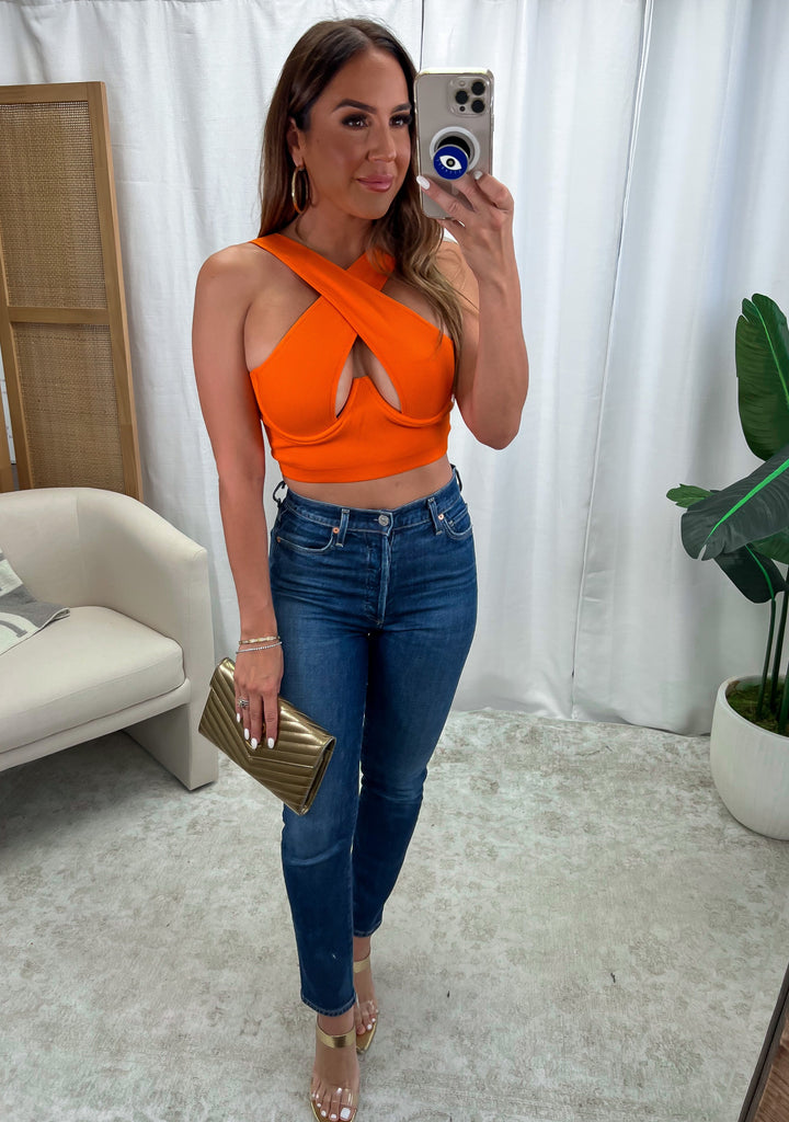 STYLED BY ALX COUTURE MIAMI BOUTIQUE Orange Wired Cross Front Crop Tank