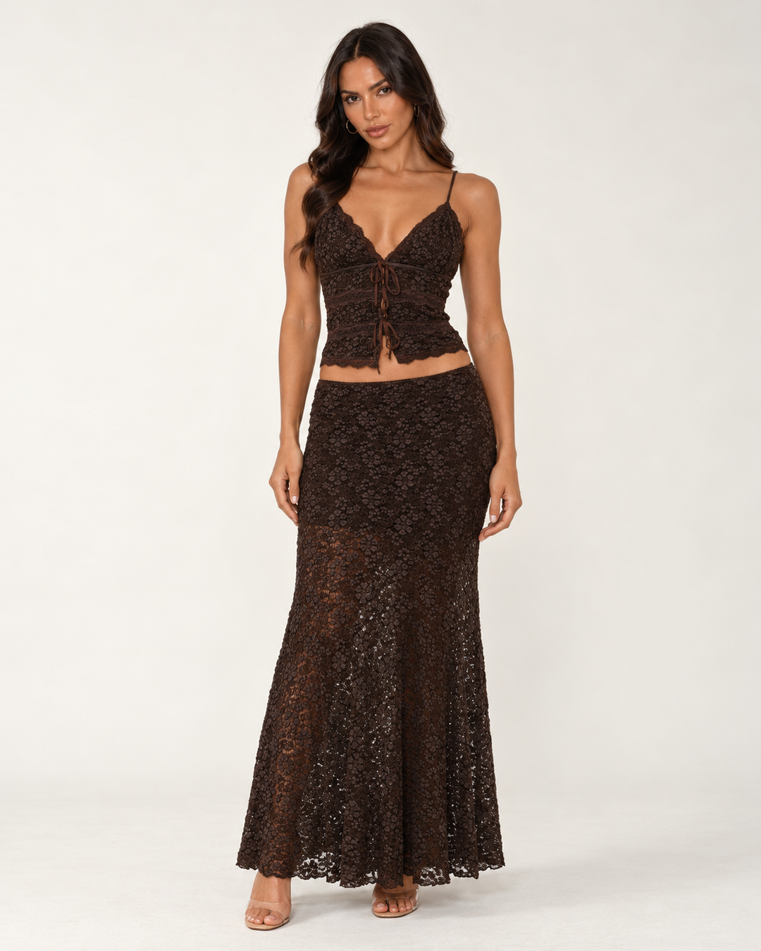 Model wearing the INA brown lace tie-front cami and matching maxi skirt, full-length studio view