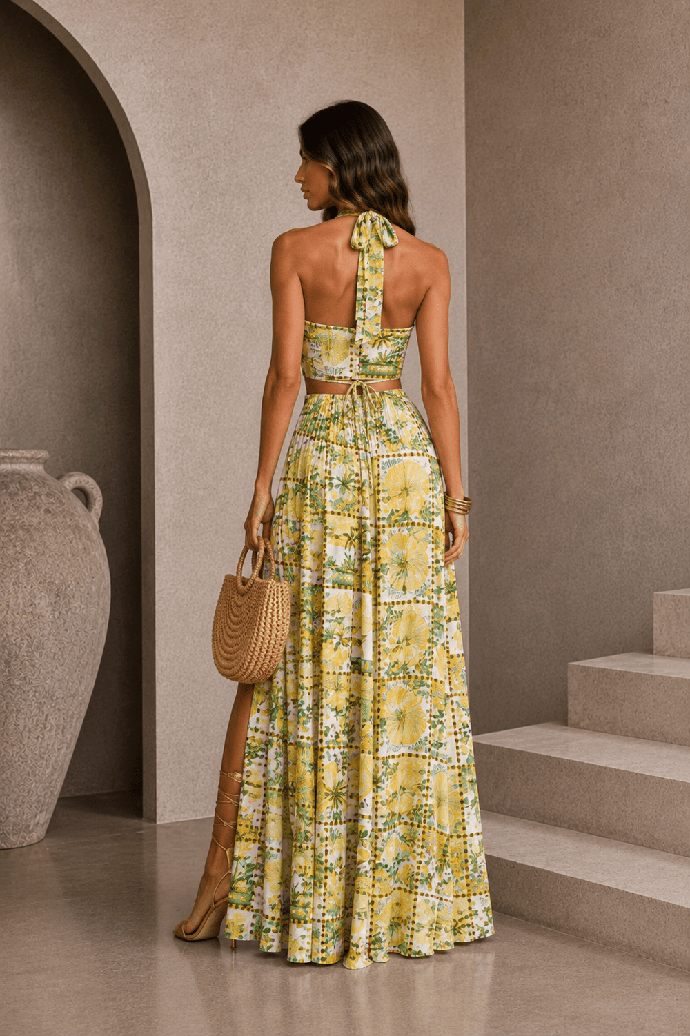 O ring and string tie waist detail on a rayon linen maxi dress