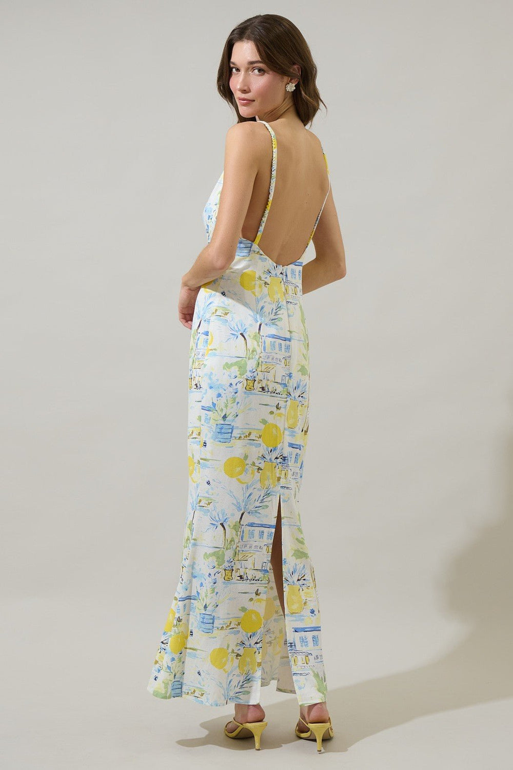 Rayon and linen blend maxi dress in a blue printed design