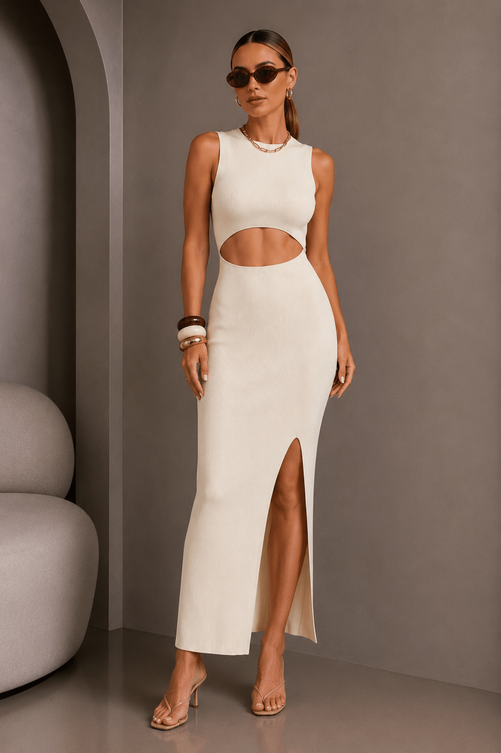 Ivory Bodycon Cutout Midi Dress