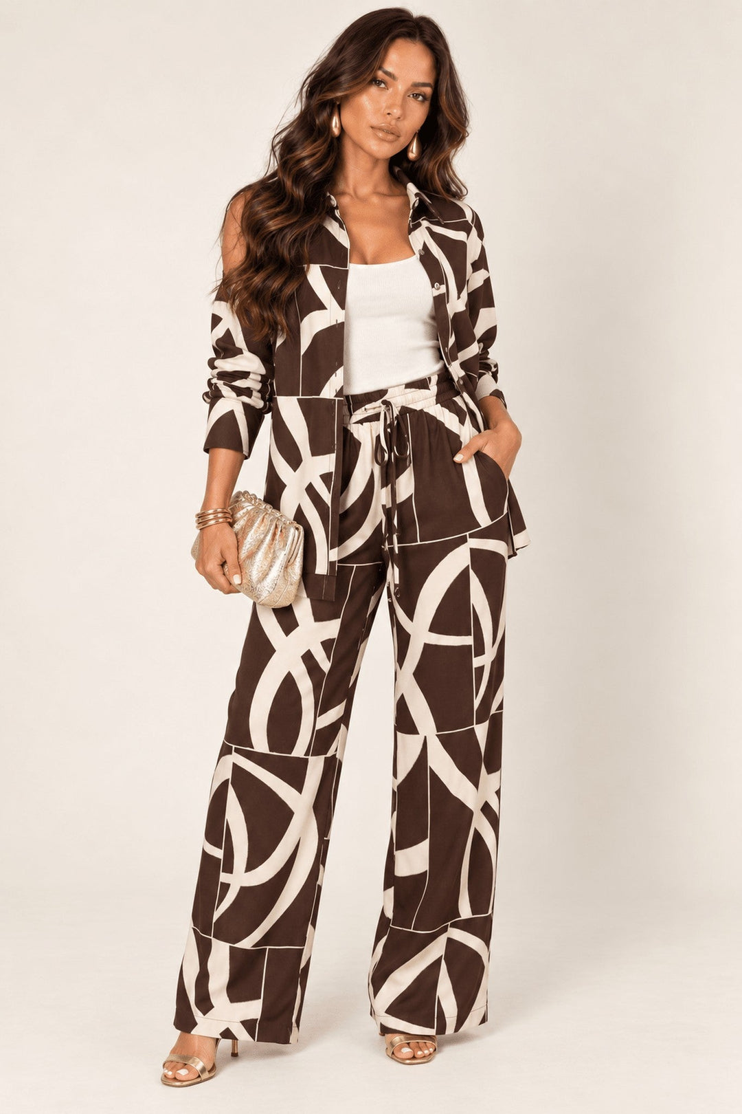 Ivory Brown Two-Tone Abstract Pant Set - STYLED BY ALX COUTUREOutfit Sets