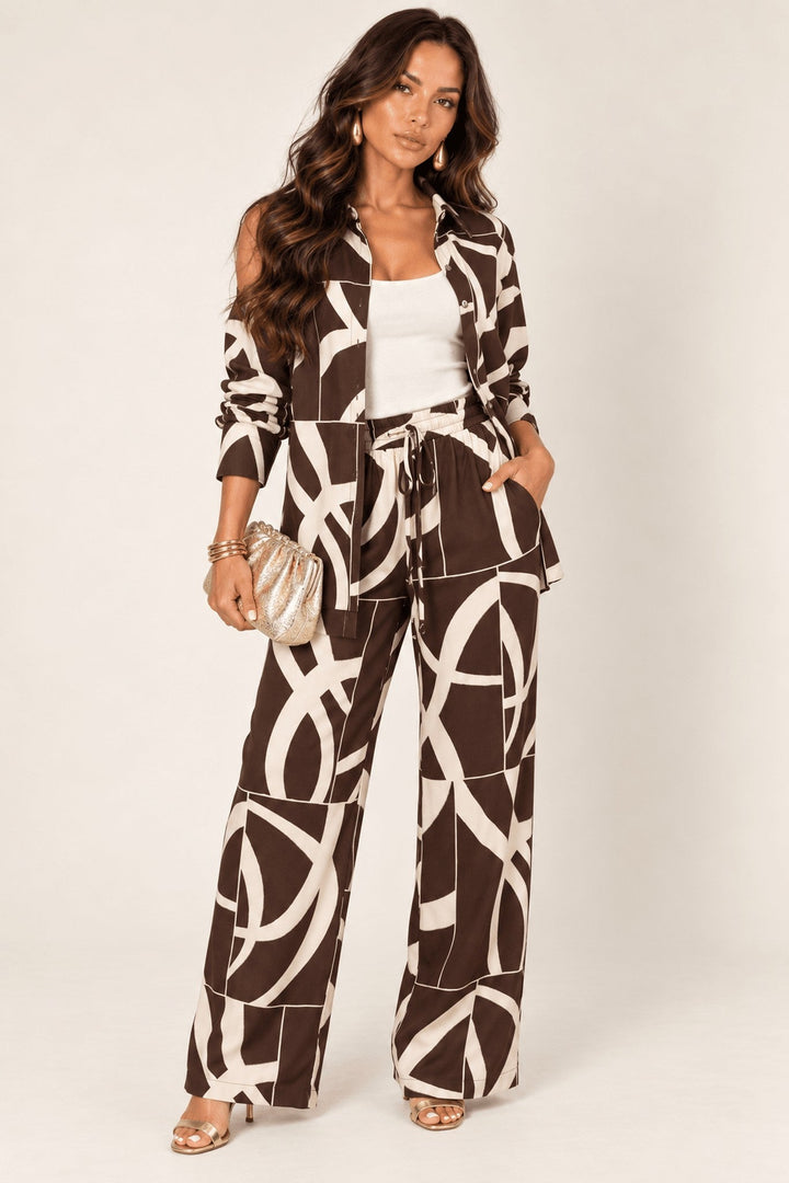 Ivory Brown Two-Tone Abstract Pant Set - STYLED BY ALX COUTUREOutfit Sets