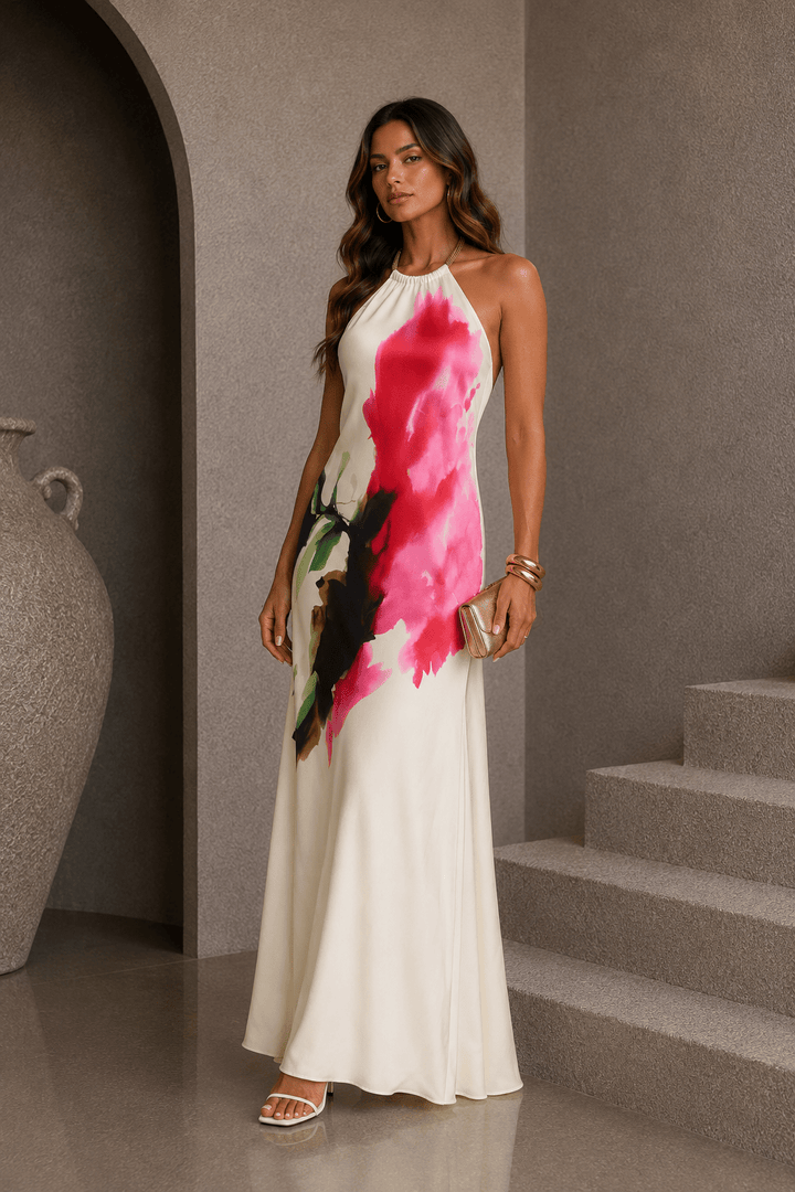 Ivory Floral Satin Maxi Dress - STYLED BY ALX COUTUREDresses