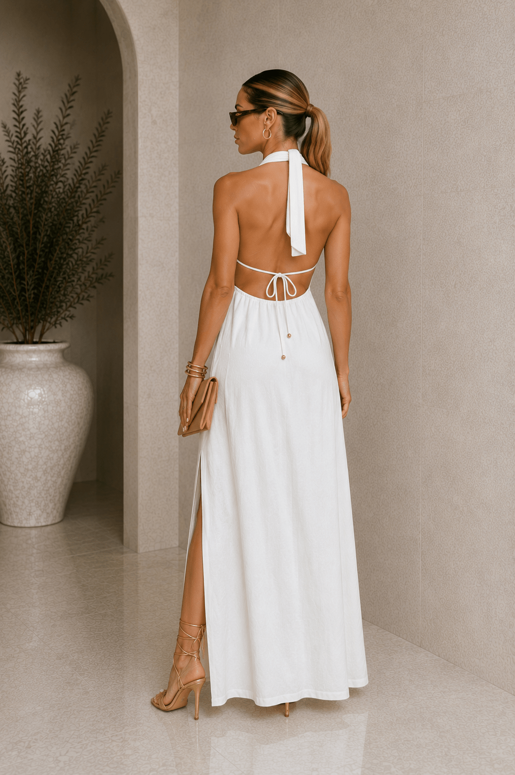 Ivory Cowl Halter Elastic Maxi Dress