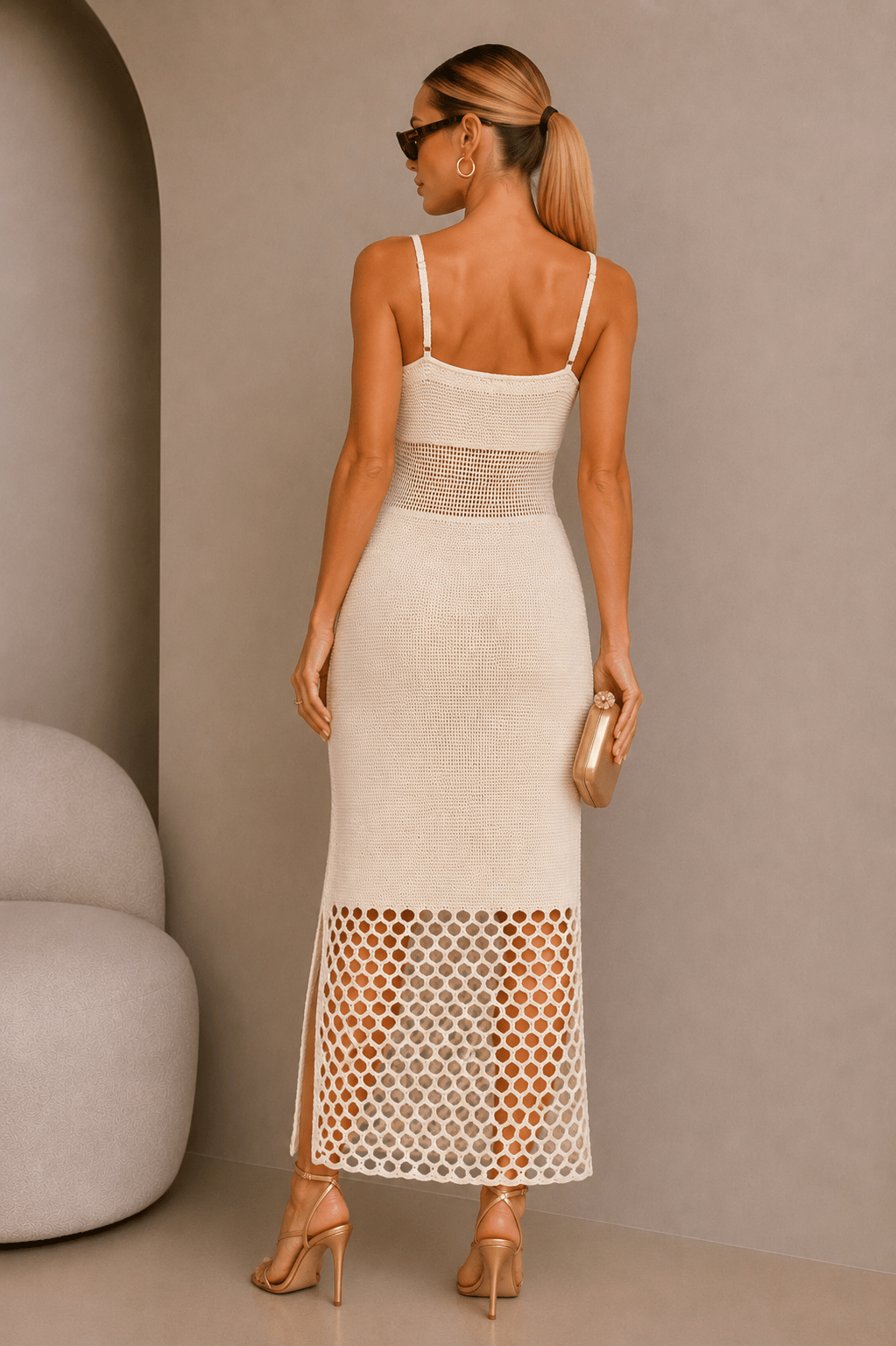 Ivory Net Cutout Knitted Midi Dress - STYLED BY ALX COUTUREDresses