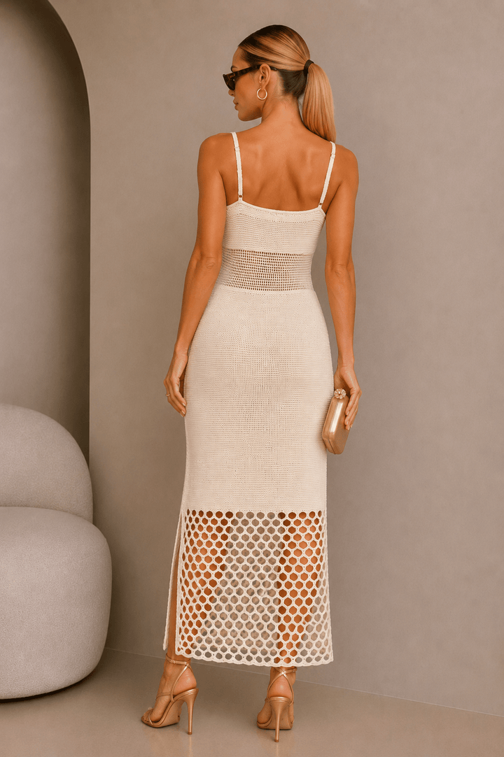 Ivory Net Cutout Knitted Midi Dress - STYLED BY ALX COUTUREDresses