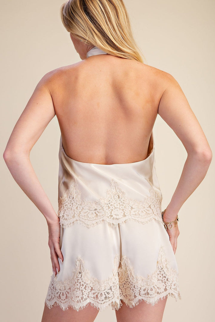 Ivory Satin Lace Trim Halter Cowl Neck Open Back Top - STYLED BY ALX COUTURETops