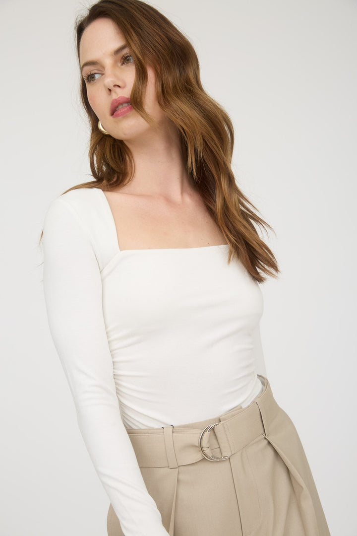 Ivory Square Neck Long Sleeve Ruched Knit Top - STYLED BY ALX COUTURETops