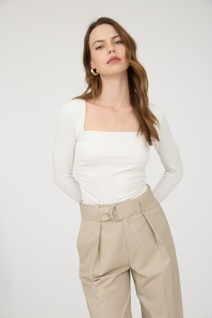 Ivory Square Neck Long Sleeve Ruched Knit Top - STYLED BY ALX COUTURETops