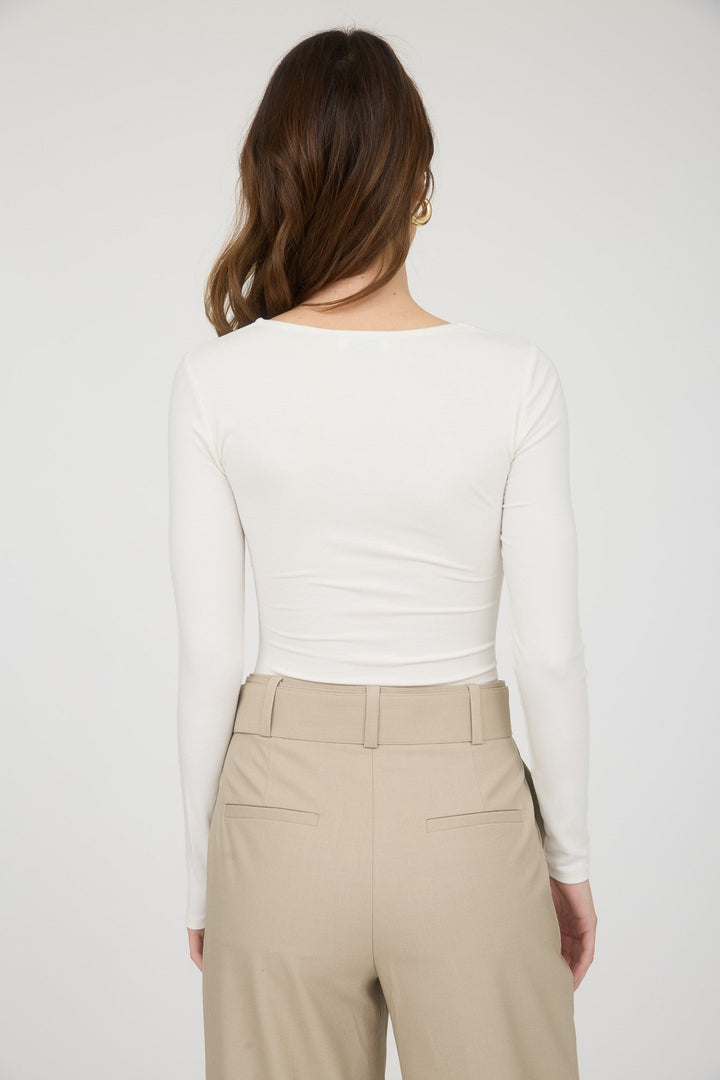 Ivory Square Neck Long Sleeve Ruched Knit Top - STYLED BY ALX COUTURETops