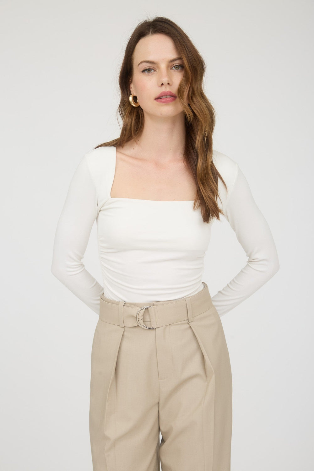 Ivory Square Neck Long Sleeve Ruched Knit Top - STYLED BY ALX COUTURETops