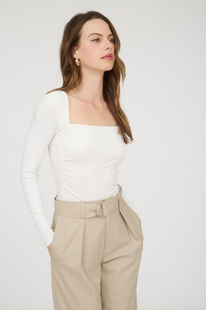 Ivory Square Neck Long Sleeve Ruched Knit Top - STYLED BY ALX COUTURETops