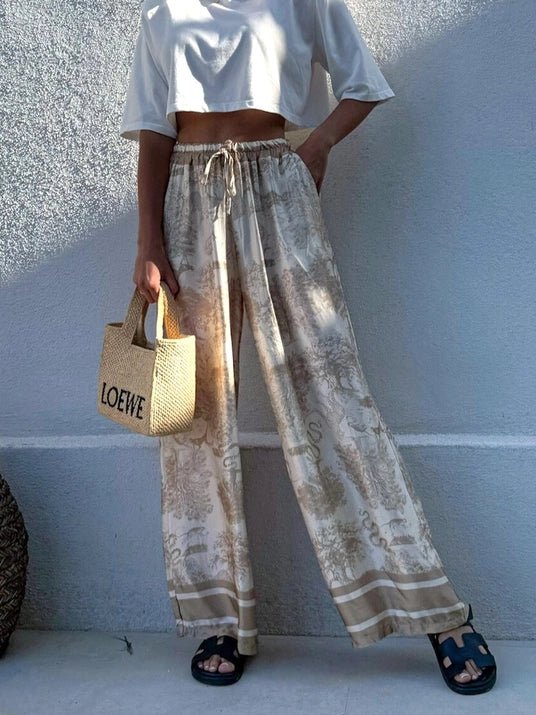 Khaki Bohemian Ethnic Garden Ecru Tie Pants - STYLED BY ALX COUTUREPANTS