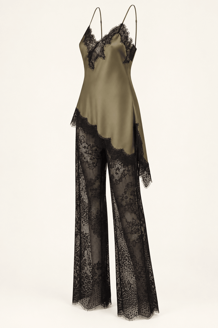 Khaki Satin Lace Pants Set - STYLED BY ALX COUTUREOutfit Sets