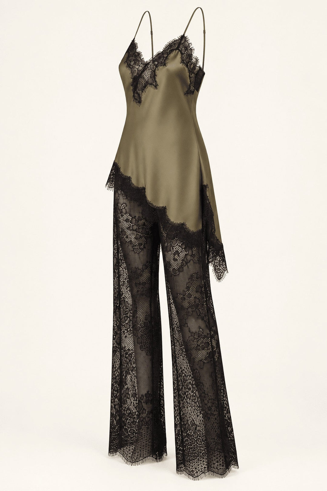 Khaki Satin Lace Pants Set - STYLED BY ALX COUTUREOutfit Sets